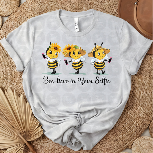 Bee-Lieve in Your Selfie Cute Bee Art | Funny Sunflower Hat Bees Taking Selfies | Sassy Garden Humor Shirt or Printable Wall Decor
