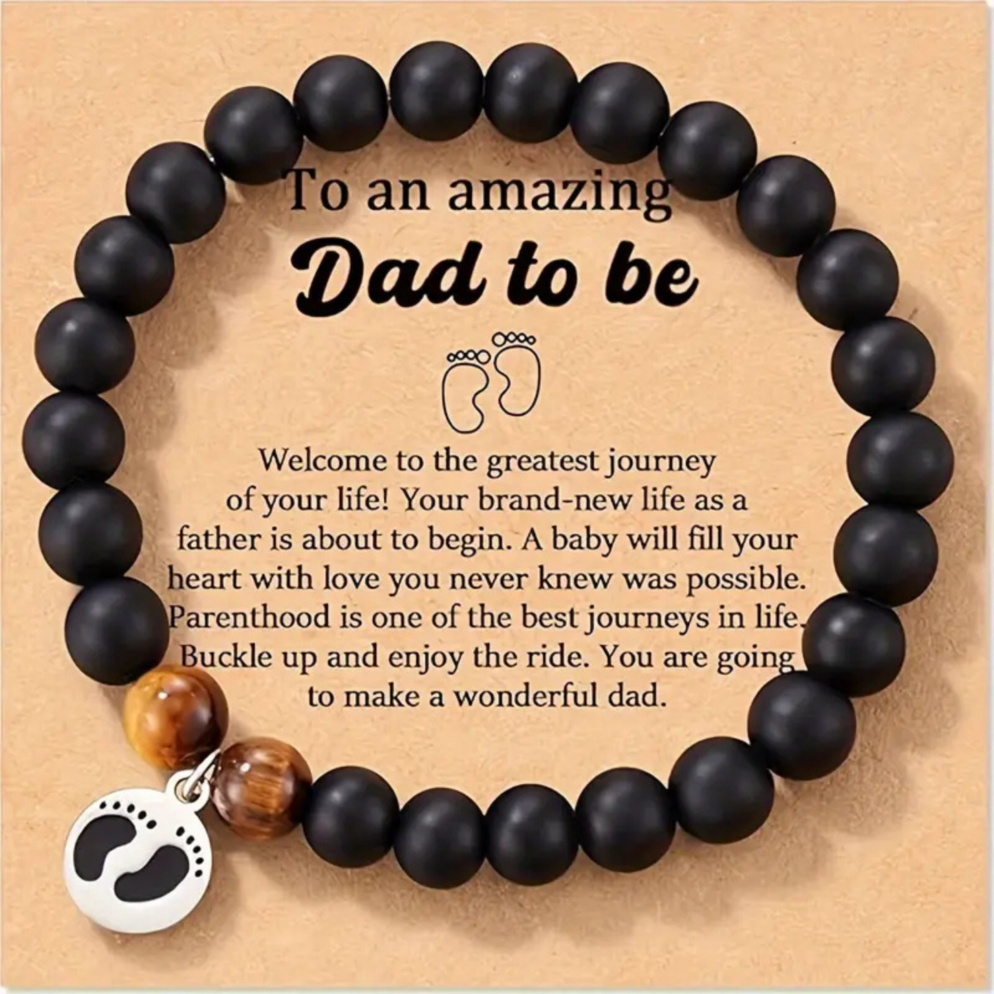 New Father/Dad Black Stone Beaded Bracelet with Footprint Bracelet