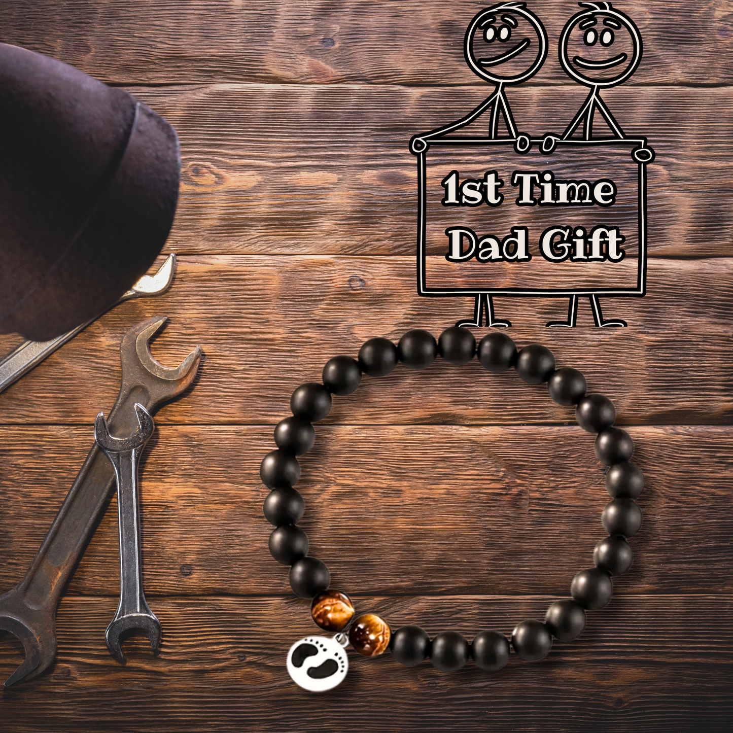 New Father/Dad Black Stone Beaded Bracelet with Footprint Bracelet