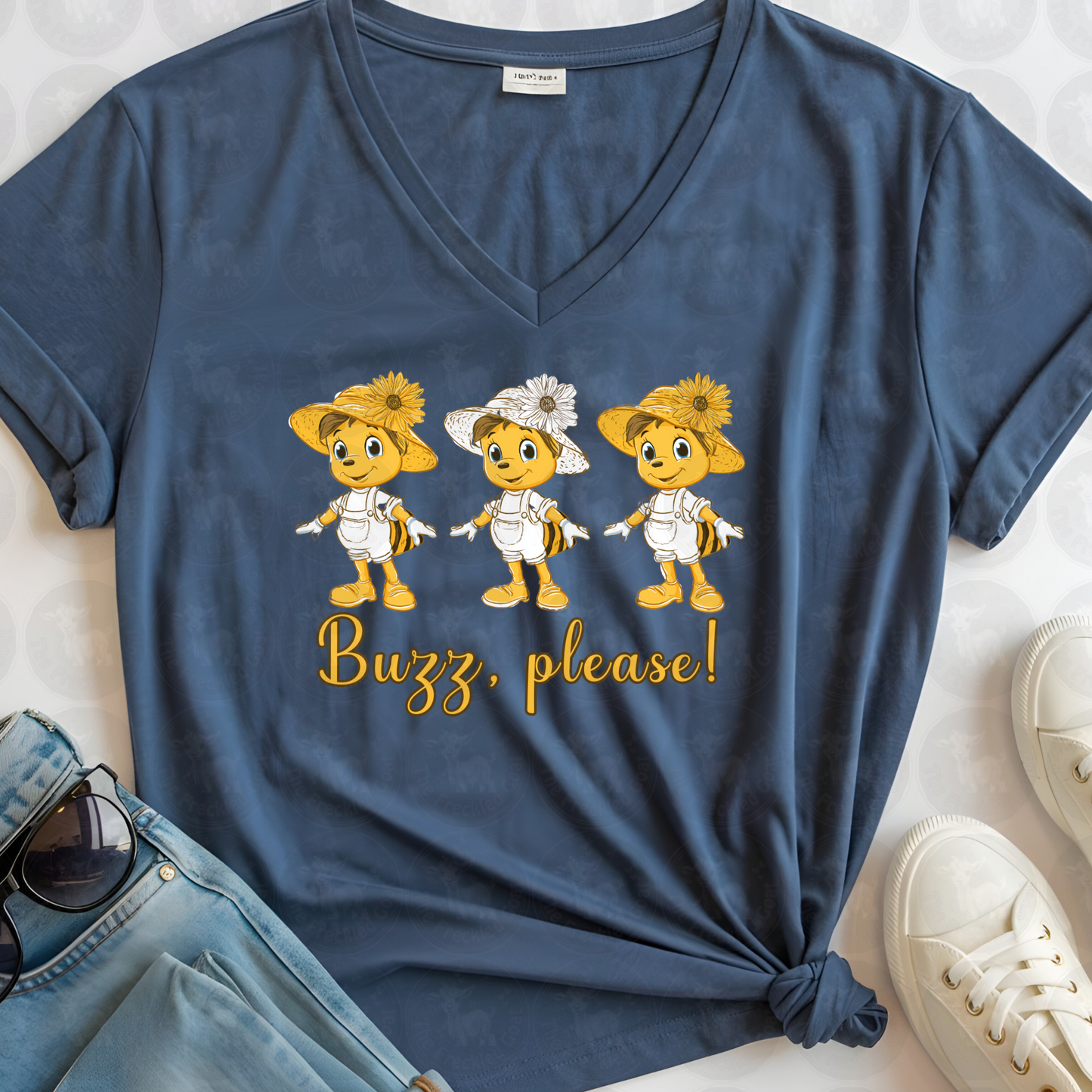 Buzz, Please! Funny Bee Squad Art | Cute Bees in Hats and Overalls | Sassy Garden Printable or Shirt Design | Honeybee Humor for Bee Lovers