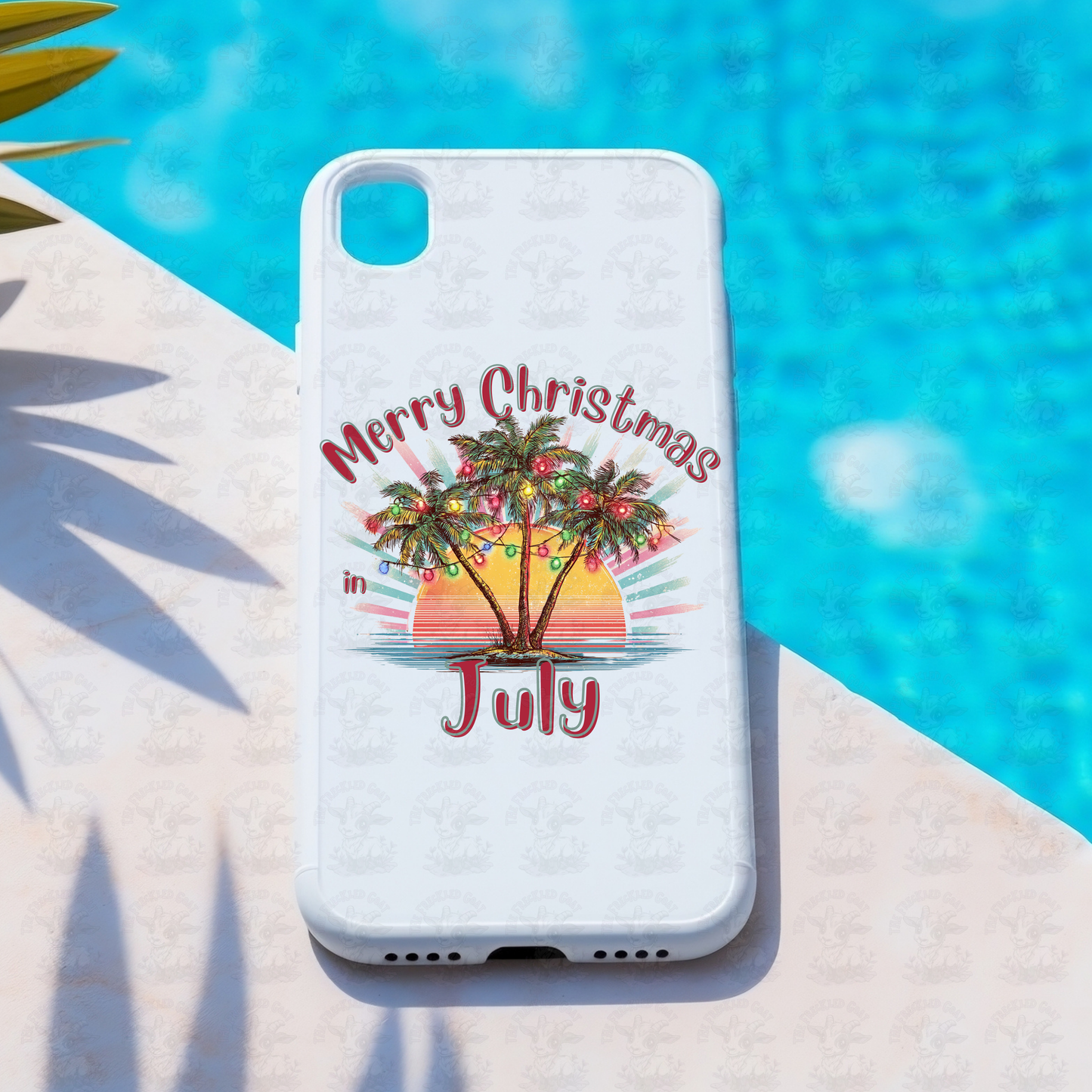 Merry Christmas in July Palm Tree Art | Tropical Holiday Sunset Print | Funny Summer Christmas Shirt or Beach Decor Design