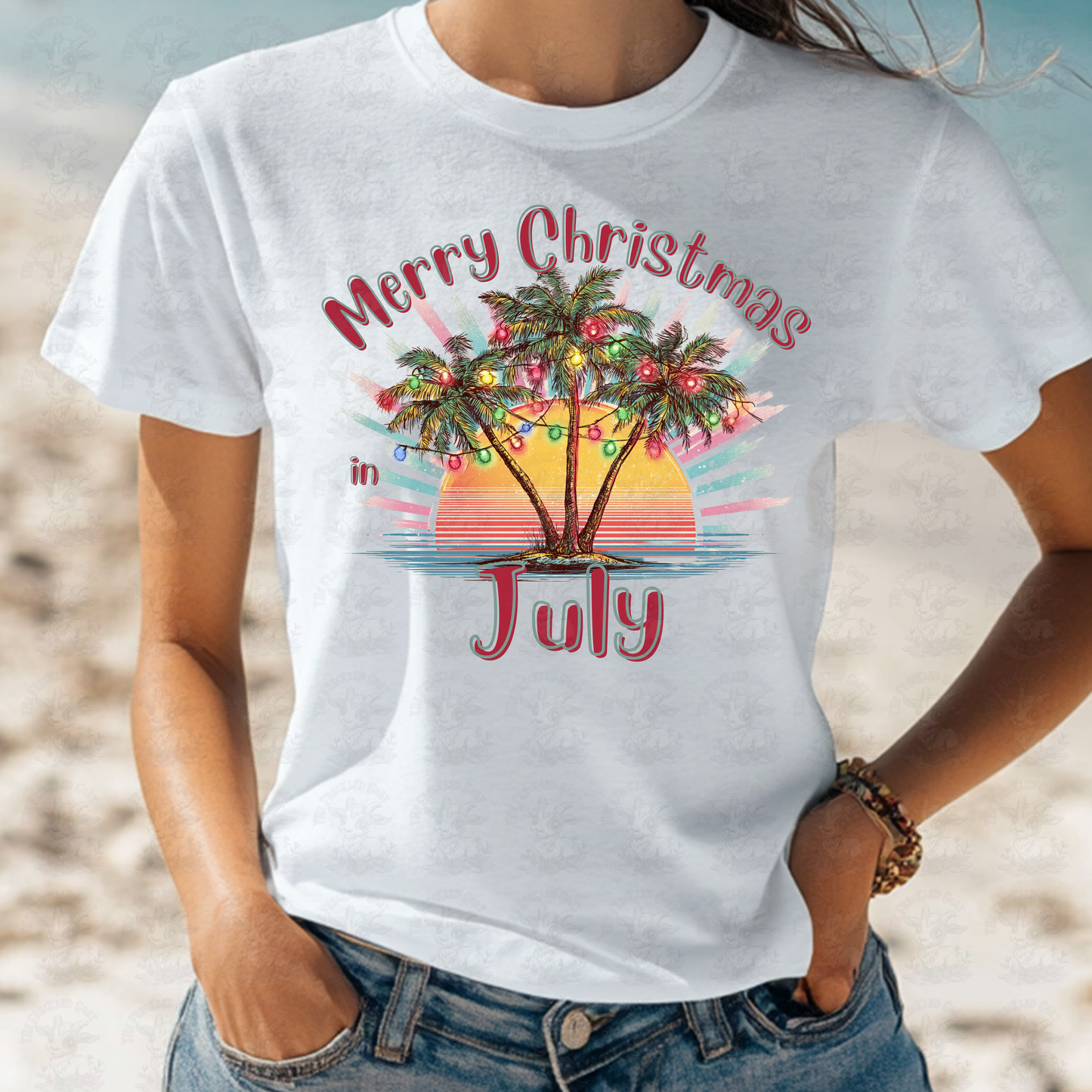 Merry Christmas in July Palm Tree Art | Tropical Holiday Sunset Print | Funny Summer Christmas Shirt or Beach Decor Design