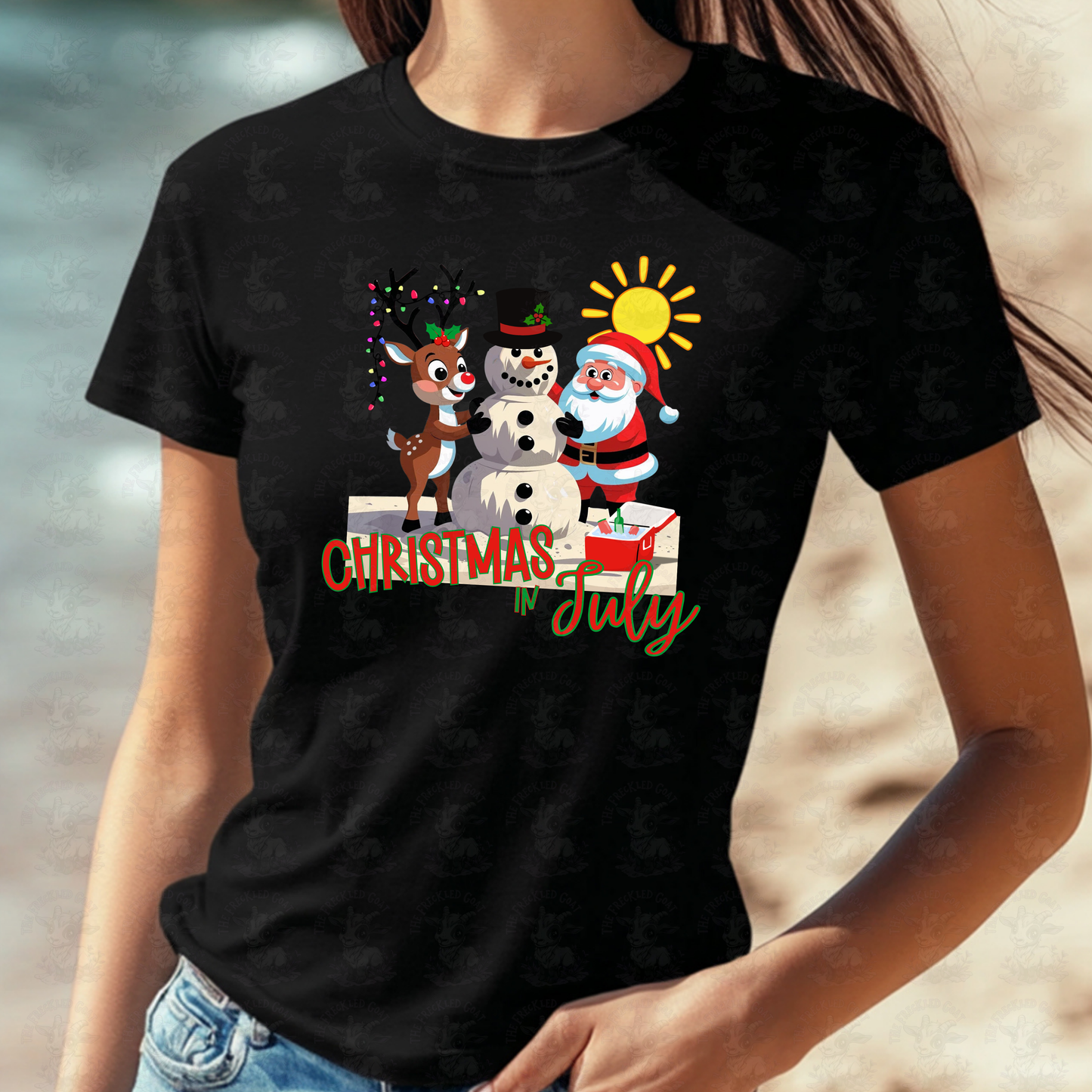 Christmas in July Sand Snowman Art | Cute Santa and Reindeer Beach Design | Funny Summer Holiday Shirt or Coastal Decor