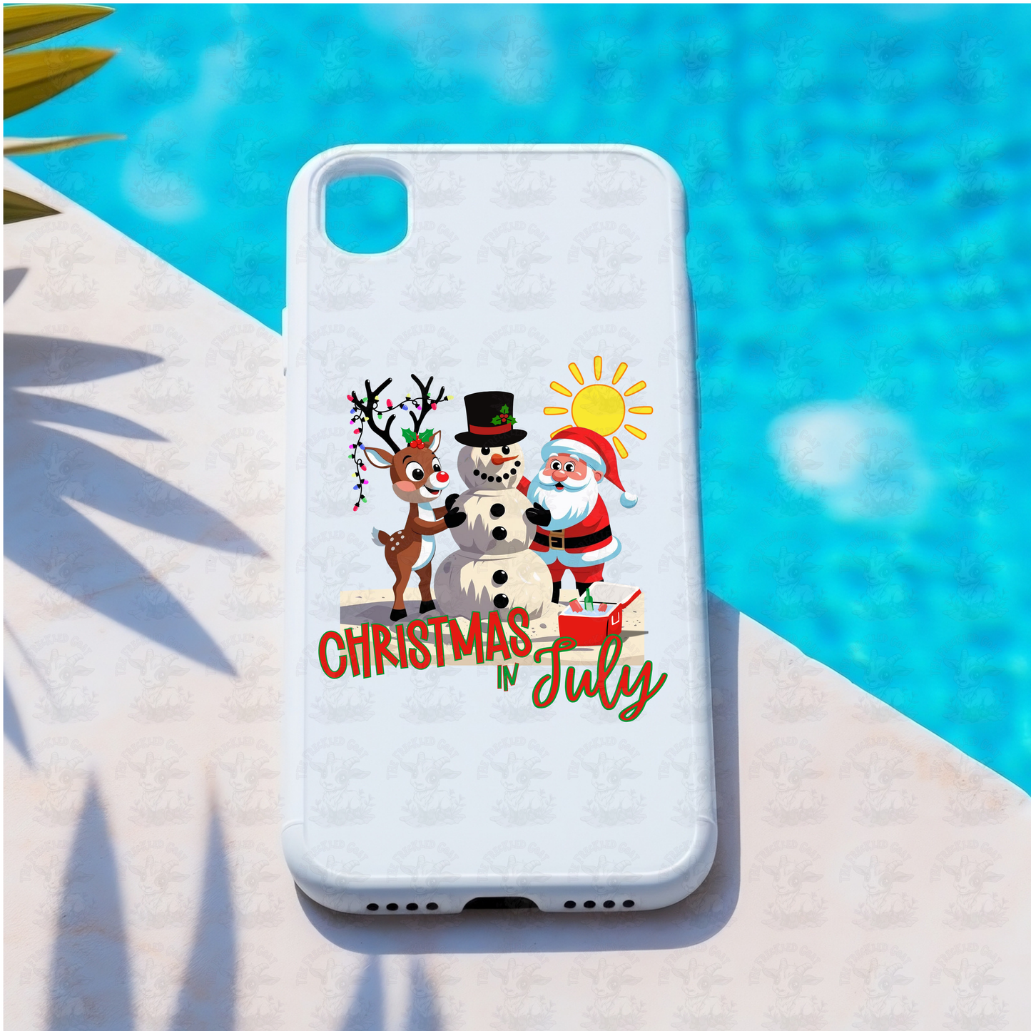 Christmas in July Sand Snowman Art | Cute Santa and Reindeer Beach Design | Funny Summer Holiday Shirt or Coastal Decor