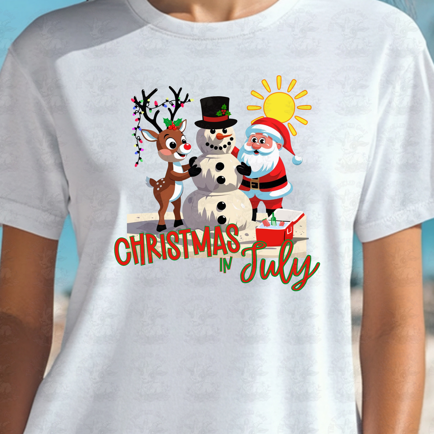 Christmas in July Sand Snowman Art | Cute Santa and Reindeer Beach Design | Funny Summer Holiday Shirt or Coastal Decor