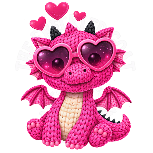 Faux Crochet Dragon, Cute Valentine Dragon PNG | Pink Faux Crochet Dragon with Hearts | Whimsical Love Dragon Art | Instant Download