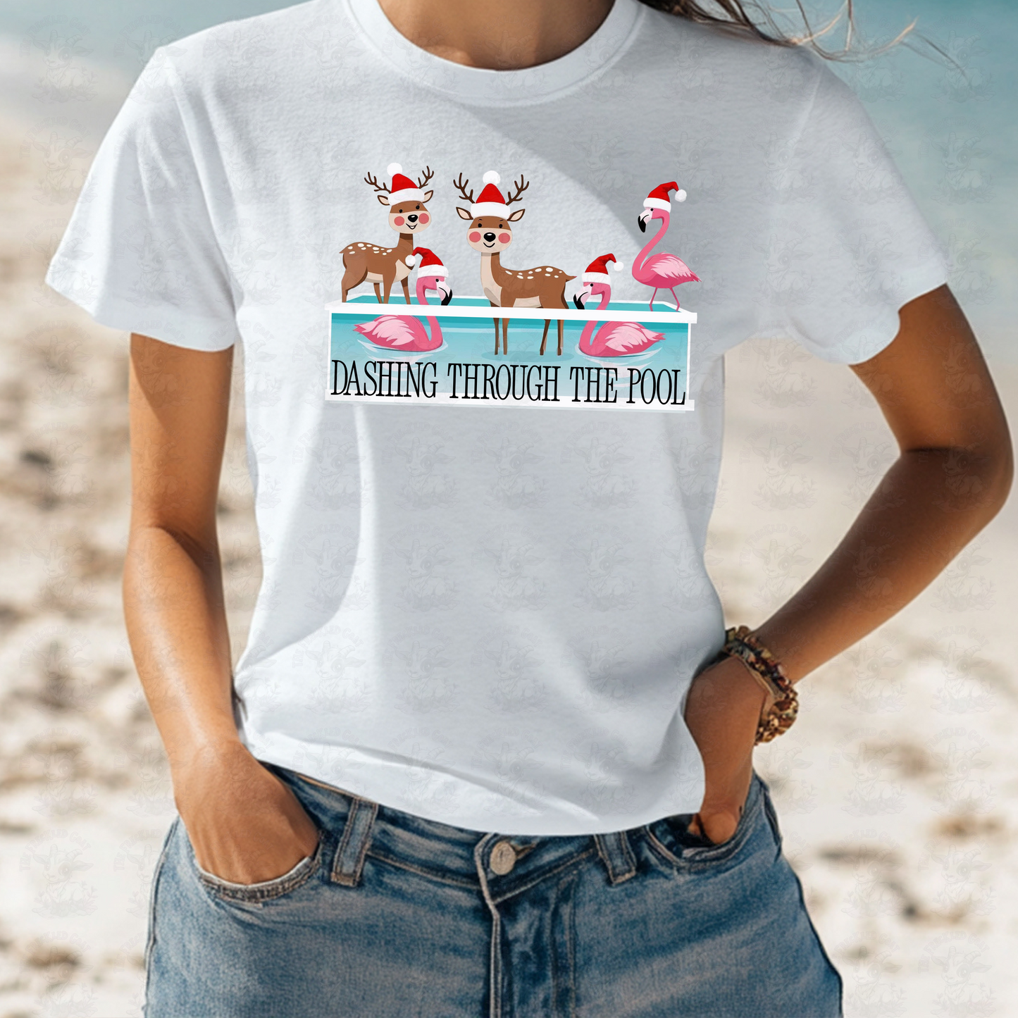 Christmas in July Digital Download | Dashing Through The Pool Christmas Art | Funny Summer Holiday Flamingo & Reindeer Design | Tropical Pool Party Shirt or Decor