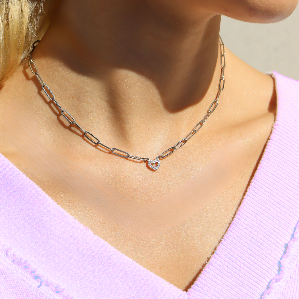 Stone Heart Paperclip Chain Necklace