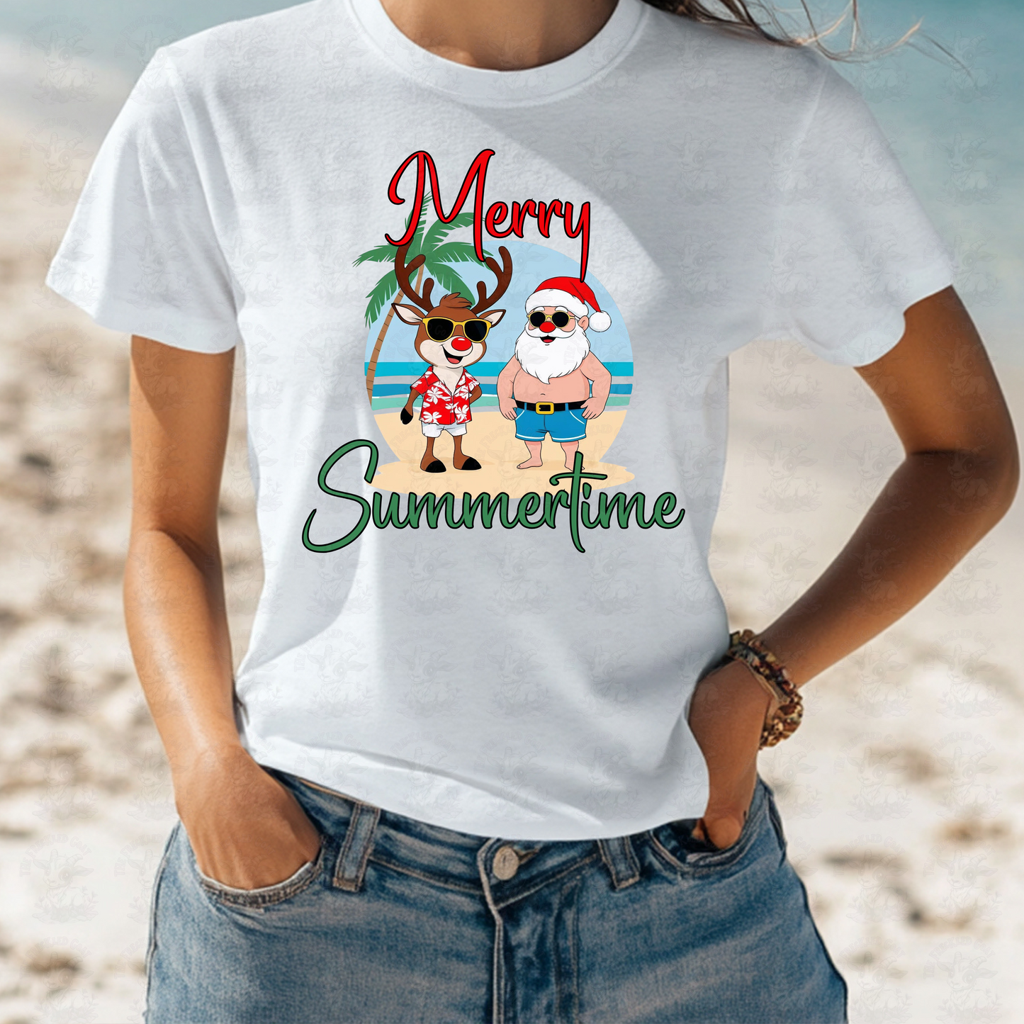 Merry Summertime Santa and Reindeer Art | Funny Tropical Christmas Beach Print | Summer Holiday Shirt or Coastal Decor Design | Digital Design Download