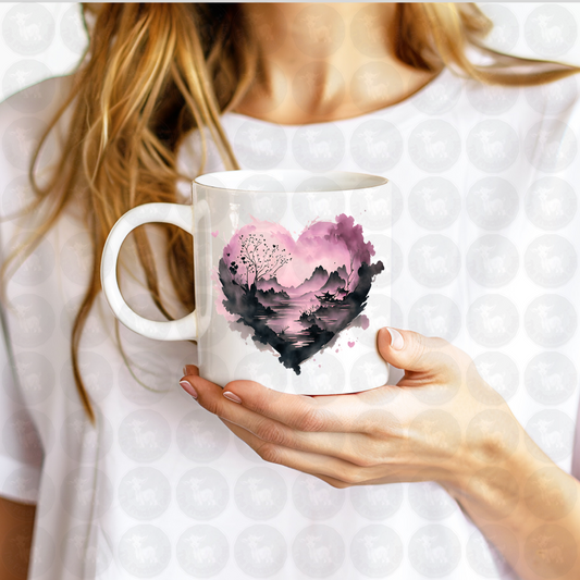 Romantic Heart-Shaped Mountain Landscape Art | Pink and Black Watercolor Nature Scene | Tranquil Love Wall Print or Shirt Design