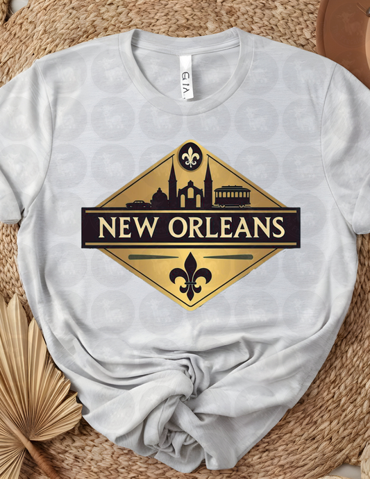Elegant New Orleans Gold Emblem Art Print | Vintage City Skyline with Streetcar and Fleur-de-Lis | Southern Home or Office Wall Decor