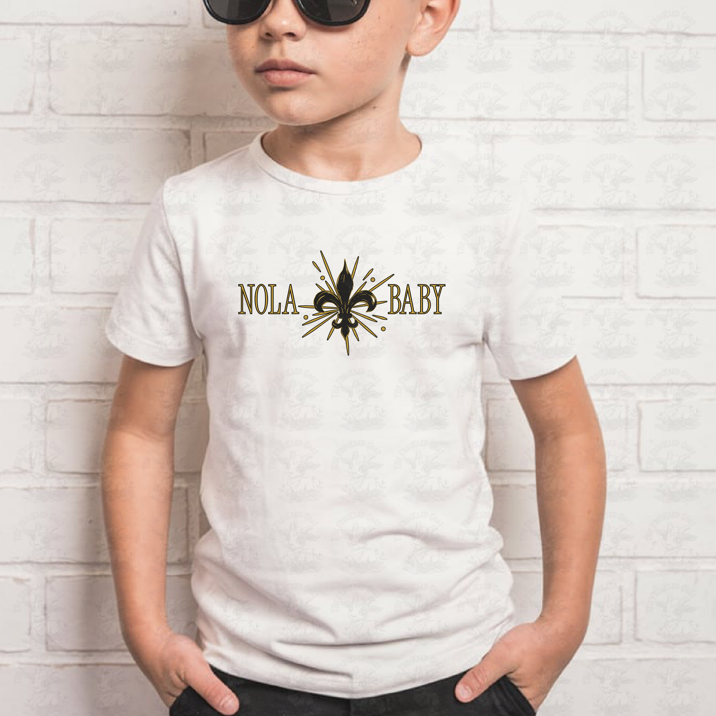NOLA Baby Fleur de Lis Art | New Orleans Pride Wall Print or Shirt | Elegant Gold and Black Southern Louisiana Decor Design