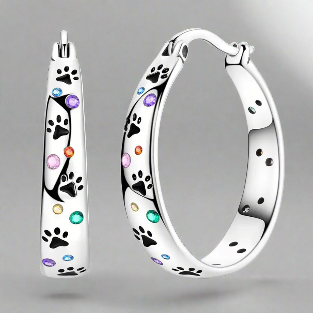 Silver Paw Print Rhinestone Hoop Earrings