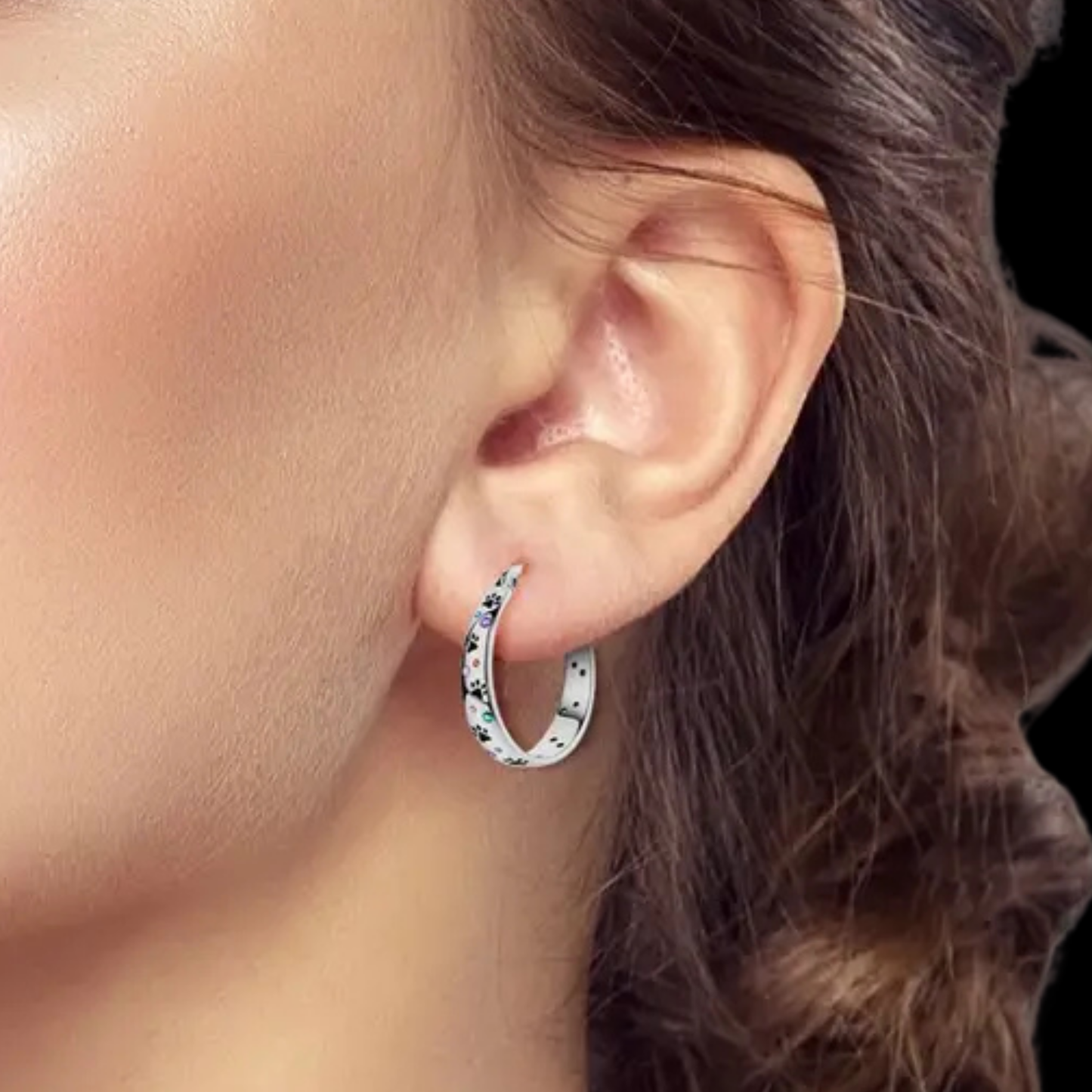 Silver Paw Print Rhinestone Hoop Earrings