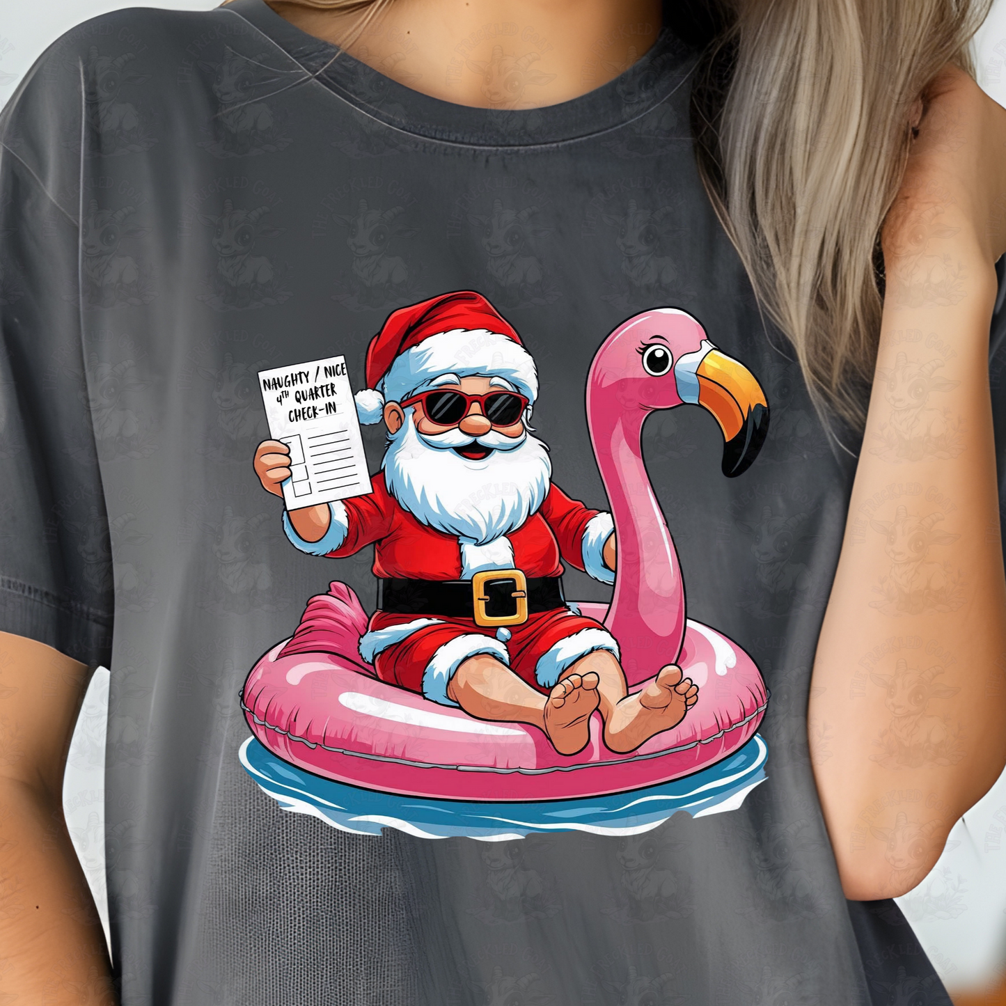 Funny Santa Naughty Nice 4th Quarter Check-In | Tropical Christmas Flamingo Float Art | Summer Holiday Humor Shirt or Pool Party Decor