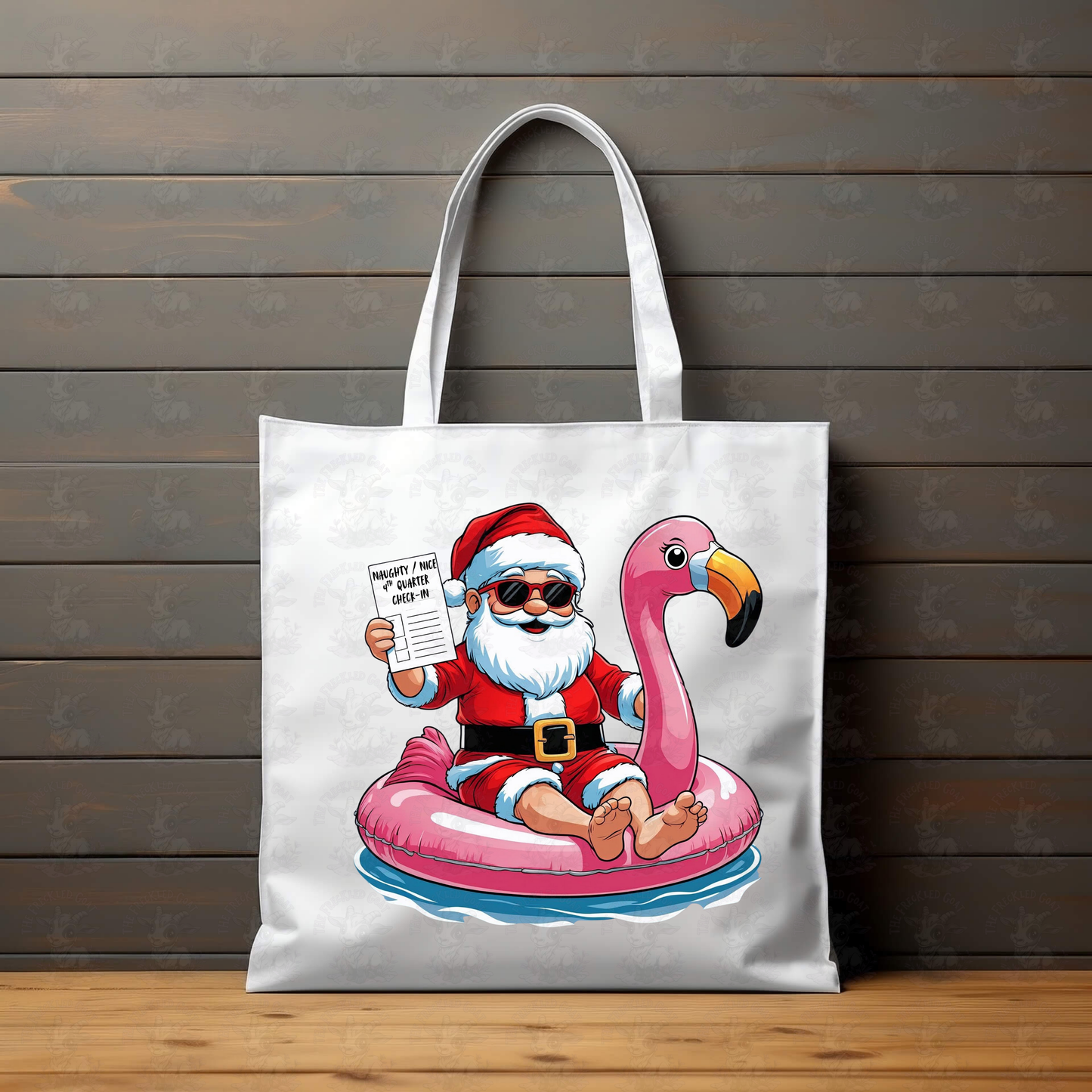 Funny Santa Naughty Nice 4th Quarter Check-In | Tropical Christmas Flamingo Float Art | Summer Holiday Humor Shirt or Pool Party Decor