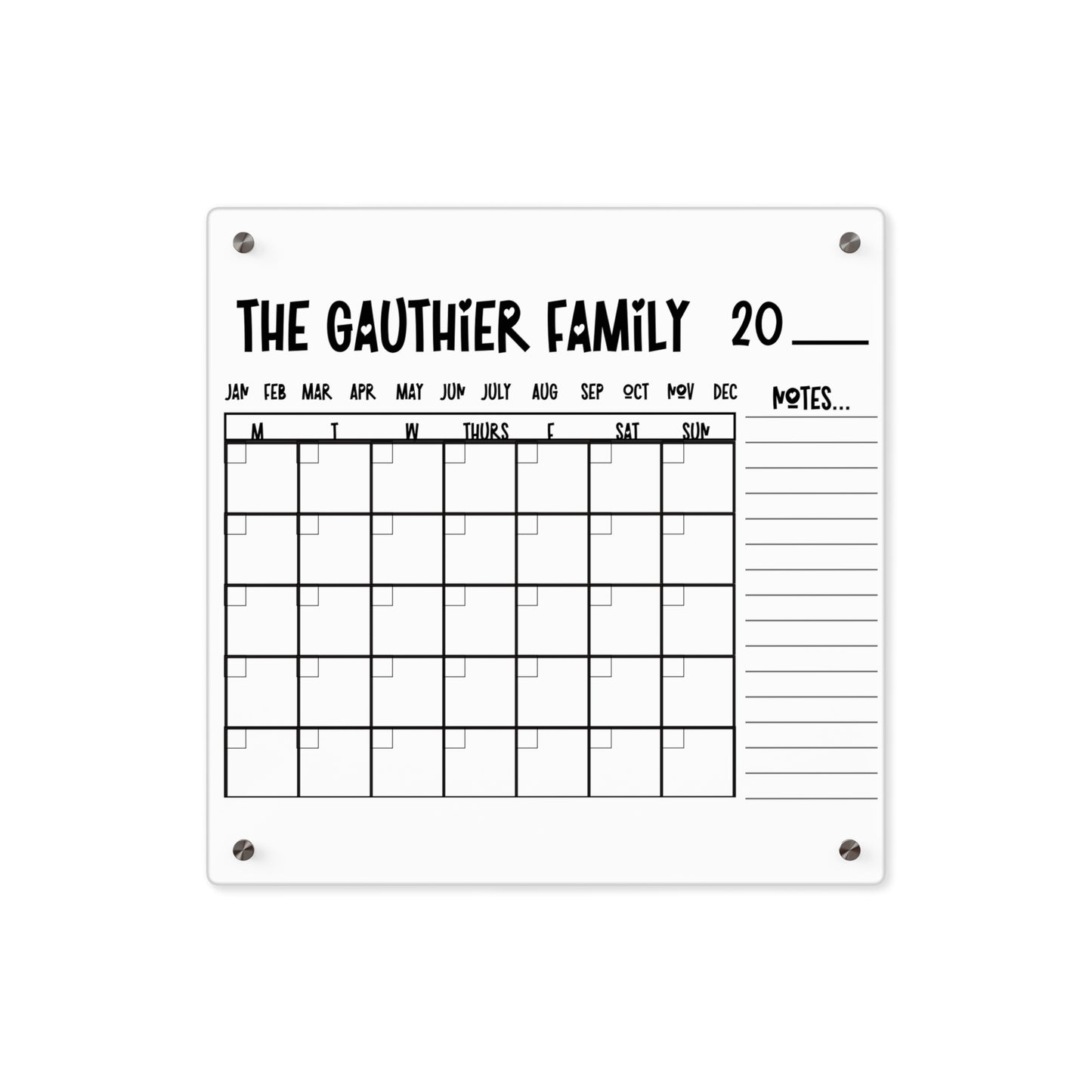 Personalized Erasable Calendar, Decorative Acrylic