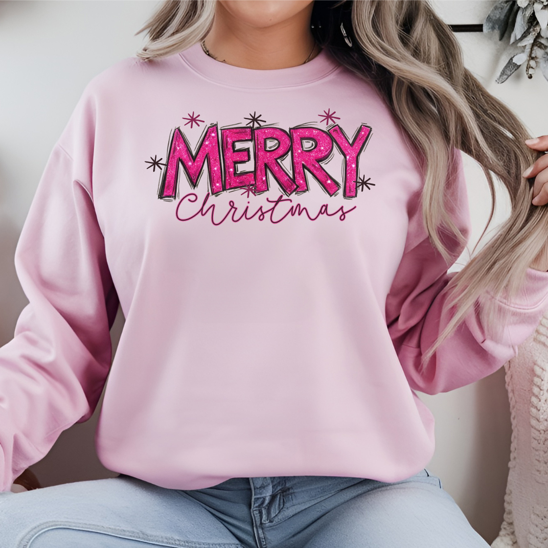 Pink Glitter Merry Christmas Holiday Sweatshirt