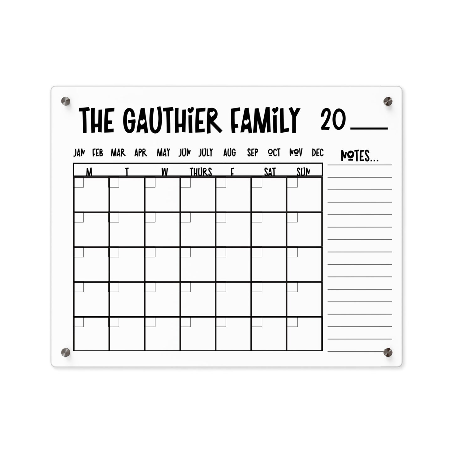 Personalized Erasable Calendar, Decorative Acrylic