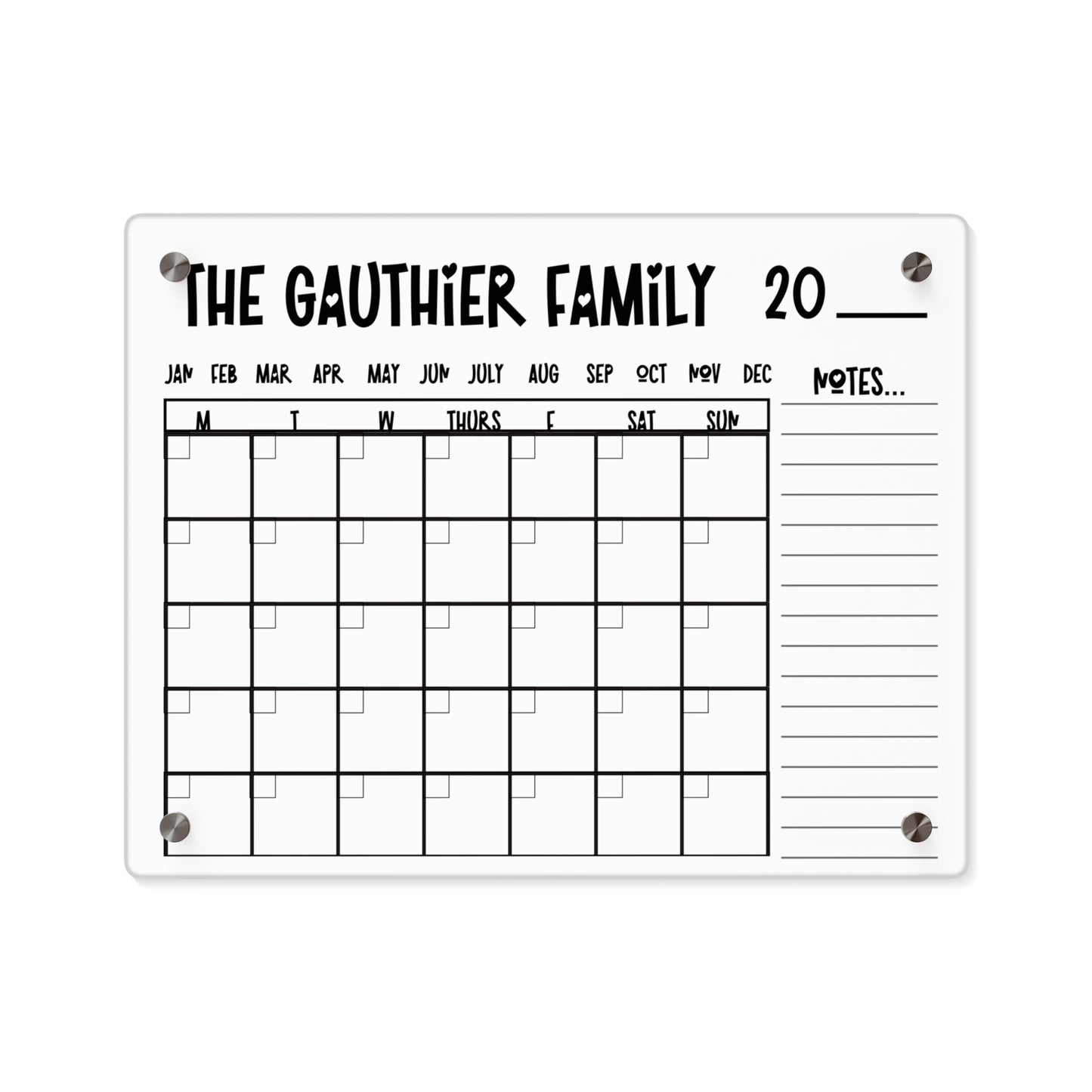 Personalized Erasable Calendar, Decorative Acrylic