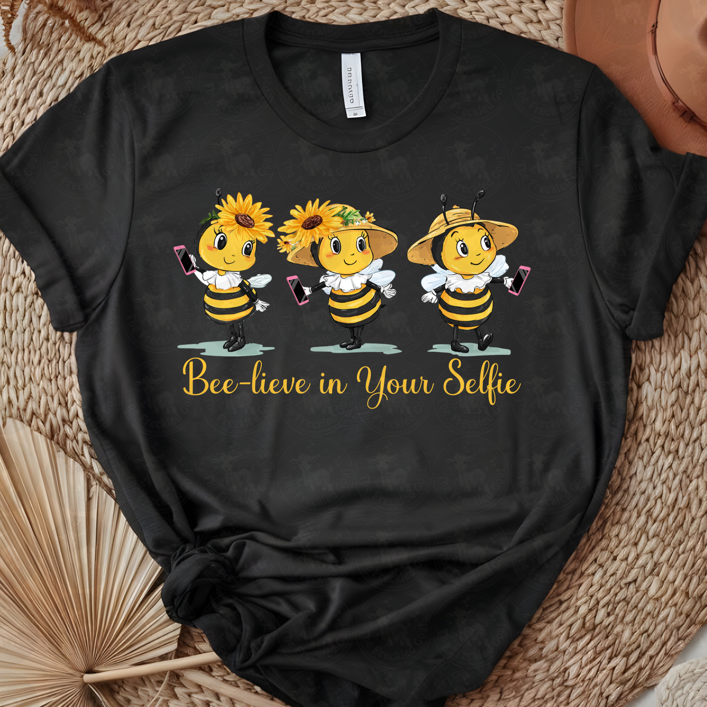 Bee-Lieve in Your Selfie Cute Bee Art | Funny Sunflower Hat Bees Taking Selfies | Sassy Garden Humor Shirt or Printable Wall Decor