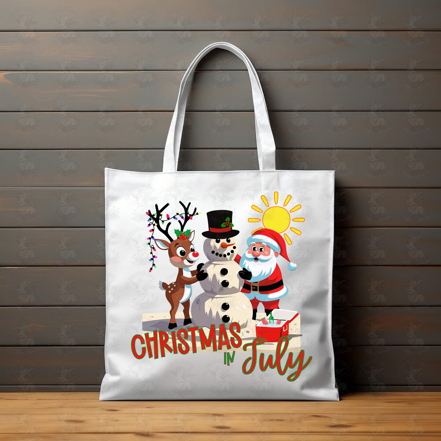 Christmas in July Sand Snowman Art | Cute Santa and Reindeer Beach Design | Funny Summer Holiday Shirt or Coastal Decor