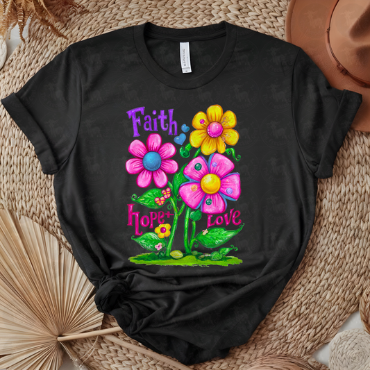 Faith Hope Love Colorful Flower Art | Whimsical Christian Inspirational Print | Bright Floral Wall Decor or Shirt Design | Uplifting Faith Gift
