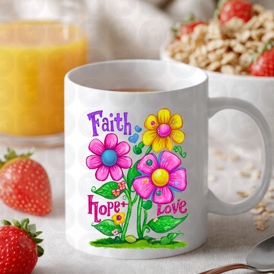 Faith Hope Love Colorful Flower Art | Whimsical Christian Inspirational Print | Bright Floral Wall Decor or Shirt Design | Uplifting Faith Gift