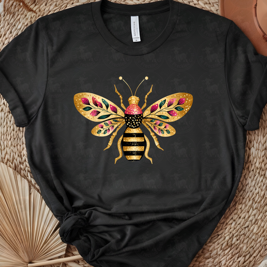 Golden Floral Bee Art Print | Elegant Botanical Insect Design | Boho Honeybee Wall Decor or Shirt Graphic | Nature-Inspired Glam Bee Illustration