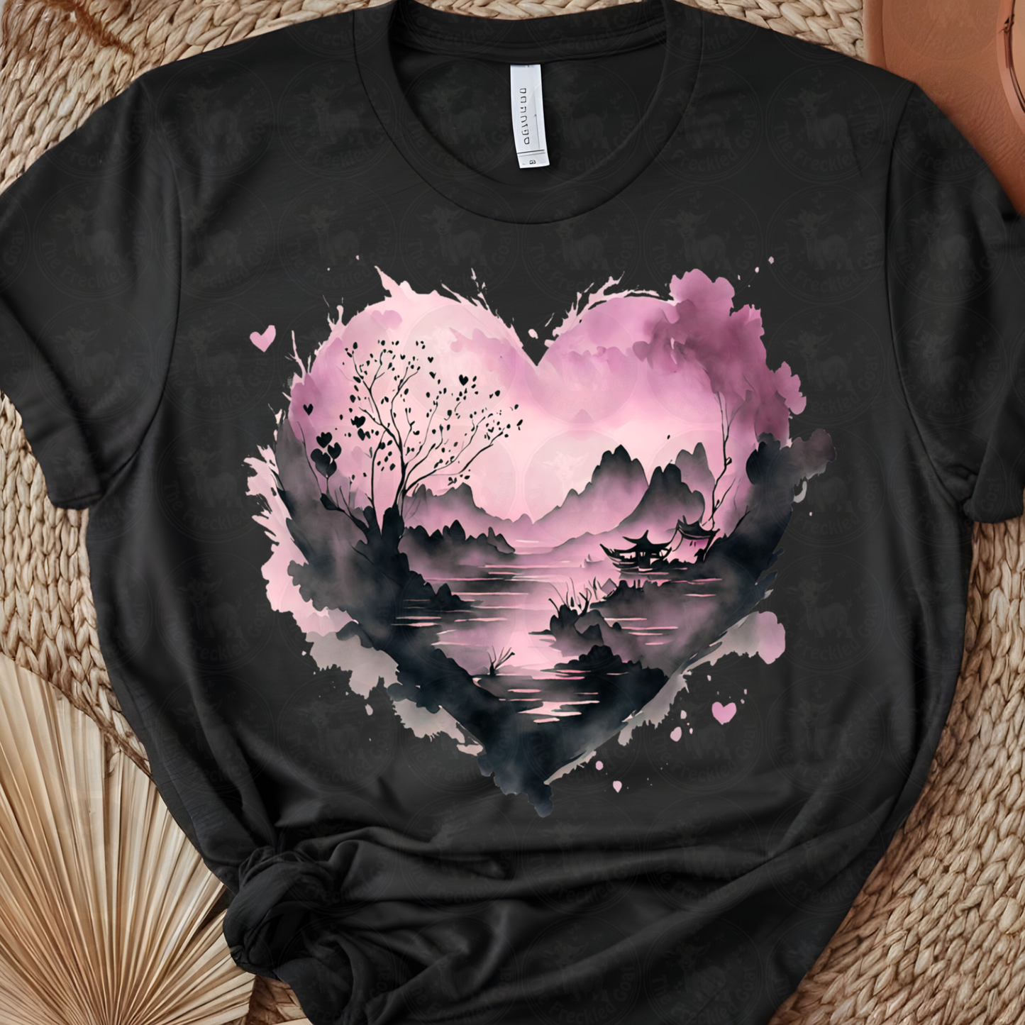 Romantic Heart-Shaped Mountain Landscape Art | Pink and Black Watercolor Nature Scene | Tranquil Love Wall Print or Shirt Design