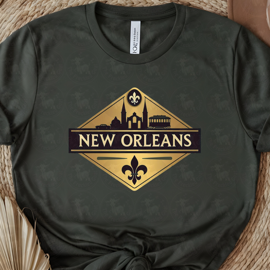 Elegant New Orleans Gold Emblem Art Print | Vintage City Skyline with Streetcar and Fleur-de-Lis | Southern Home or Office Wall Decor