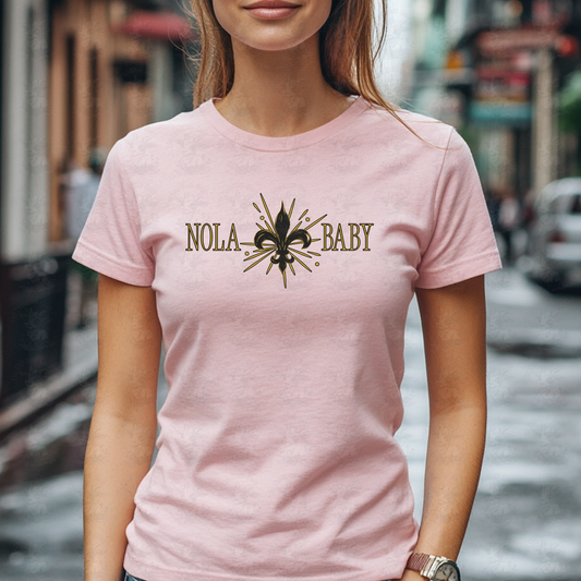 NOLA Baby Fleur de Lis Art | New Orleans Pride Wall Print or Shirt | Elegant Gold and Black Southern Louisiana Decor Design