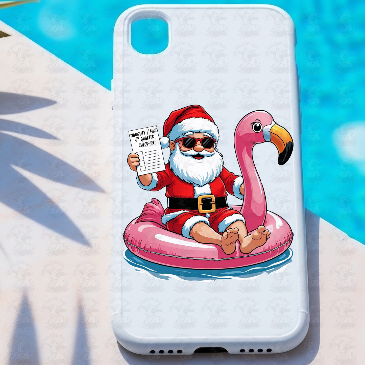 Funny Santa Naughty Nice 4th Quarter Check-In | Tropical Christmas Flamingo Float Art | Summer Holiday Humor Shirt or Pool Party Decor